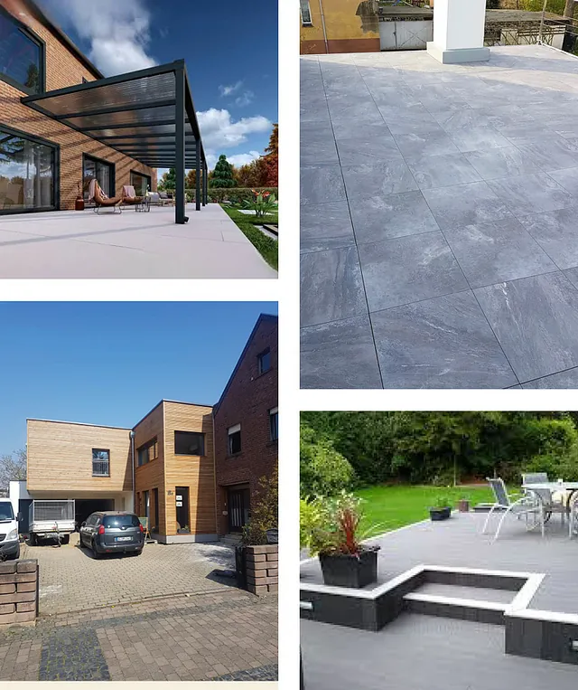 Collage mit Referenzprojekten wie Fliesenlegung, Terrassenüberdachung und Terrassenbau. 
